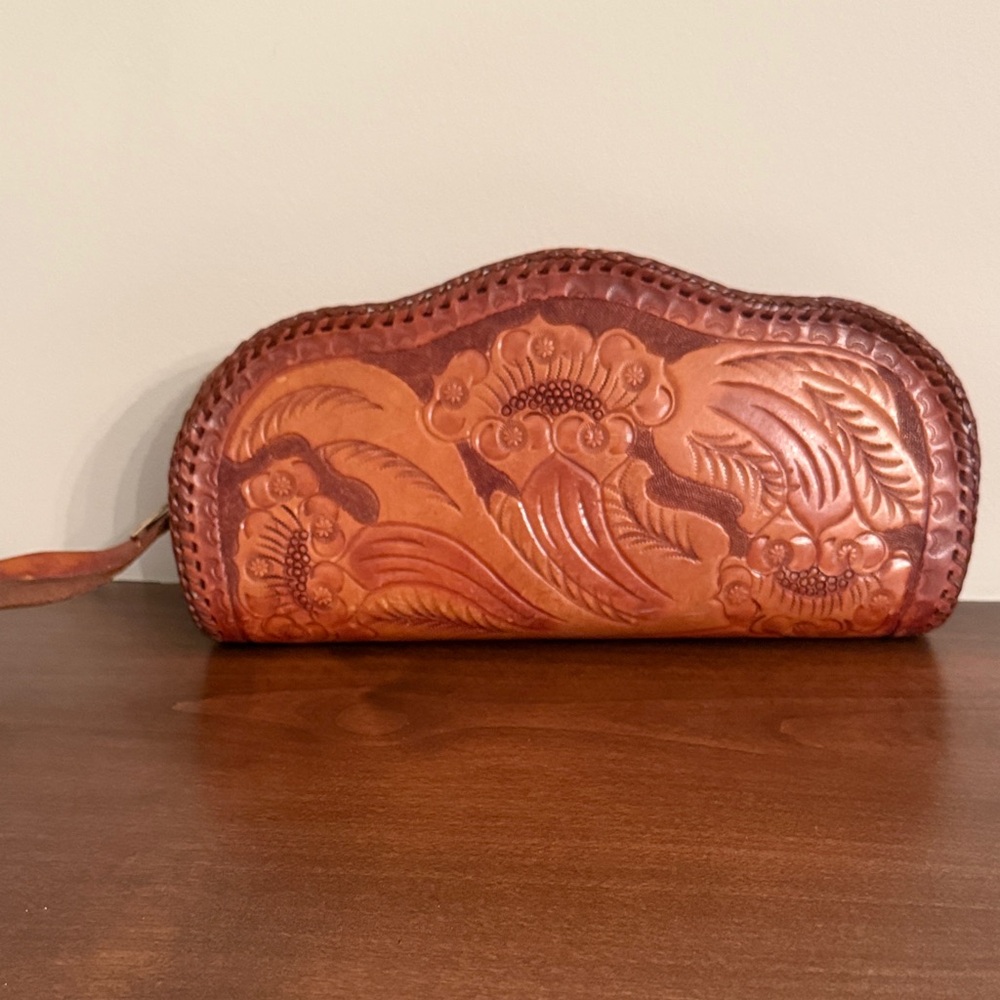 Brown Leather Clutch with Floral Design